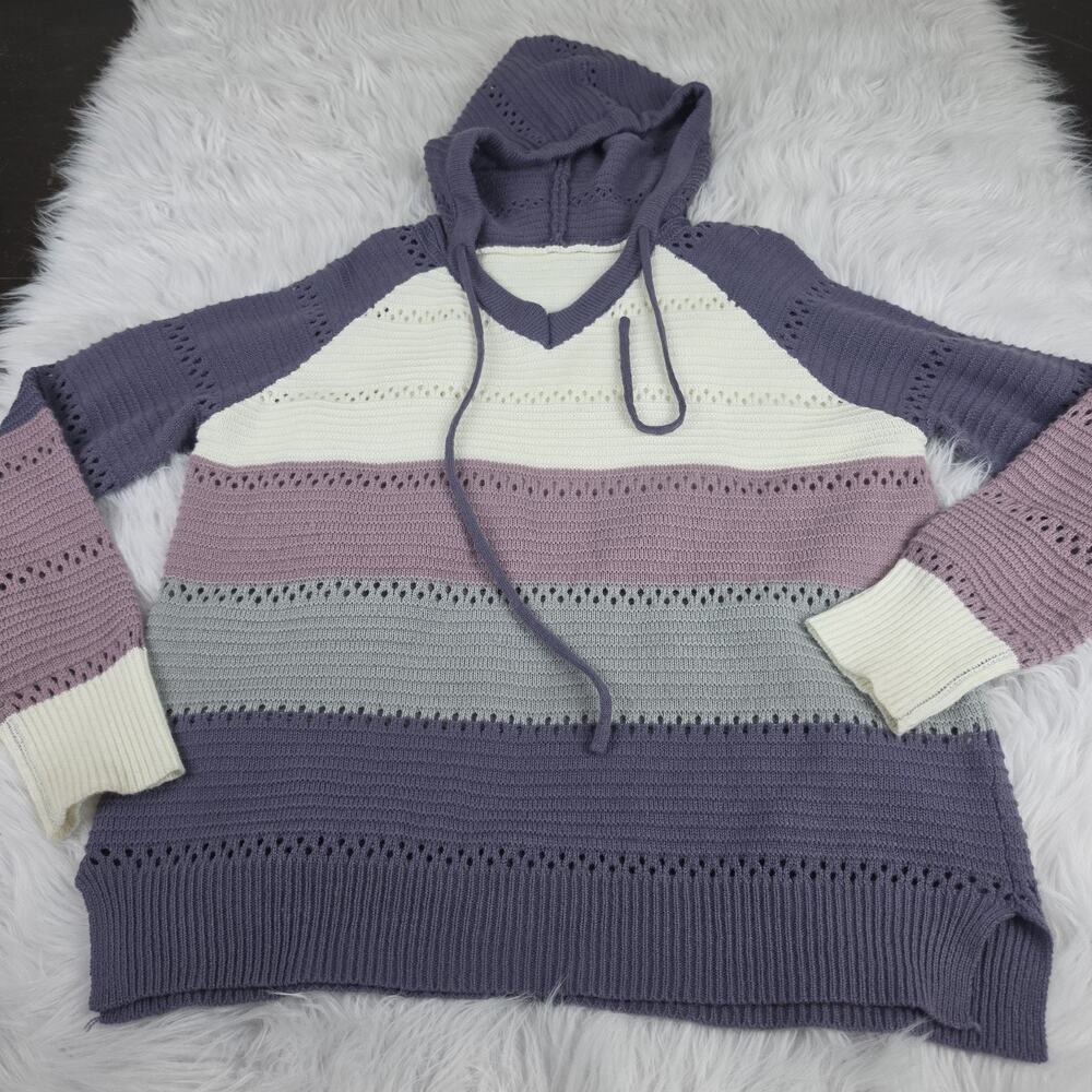 Large Women's Striped Lightweight Hoodie Sweater Purple Cream Open Knit Acrylic
